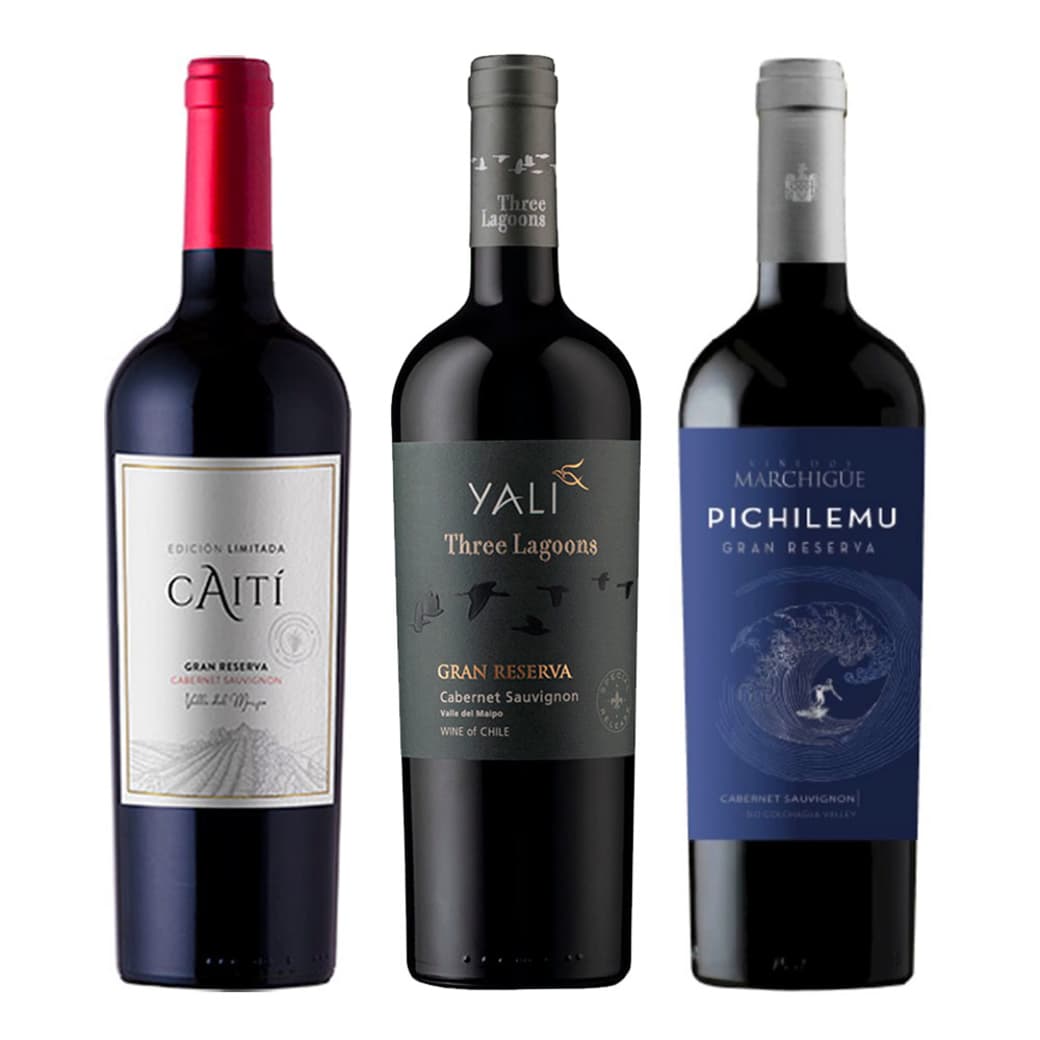 PACK 3 CABERNET (Gran Reserva): Vino Pichilemu Gran Reserva Cabernet Sauvignon 750cc + Vino Yali Three Lagoons Gran Reserva Cabernet Sauvignon 750cc + Vino Caiti Gran Reserva Cabernet Sauvignon 750cc_1