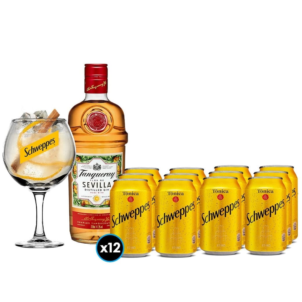 Gin Tanqueray Sevilla 700cc + Copa Schweppes + 12x Bebida Schweppes Agua Tónica 330cc_1