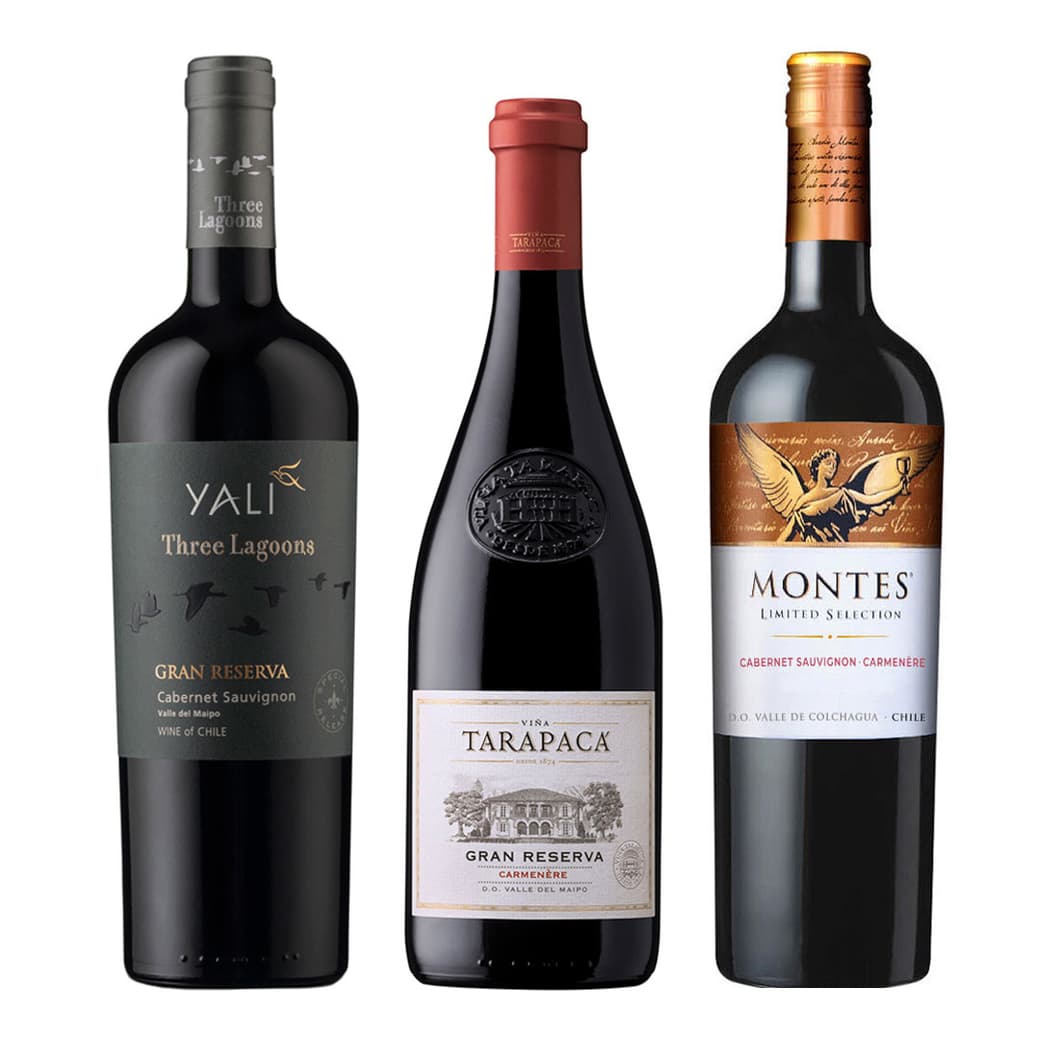 CLUB DE VINOS Nº33:  1x Vino Tarapacá Gran Reserva Carmenere 750cc + 1x Vino Yali Three Lagoons Gran Reserva Cabernet Sauvignon 750cc + 1x Vino Montes Limited Selection Cabernet/Carmenere 750cc_1