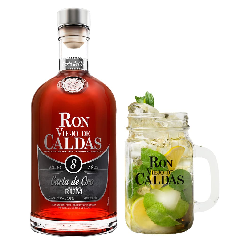 PACK RON VIEJO DE CALDAS: 1X Ron Viejo de Caldas 8 Años 700cc 40°alc. + 1X Vaso Ron Viejo De Caldas_1