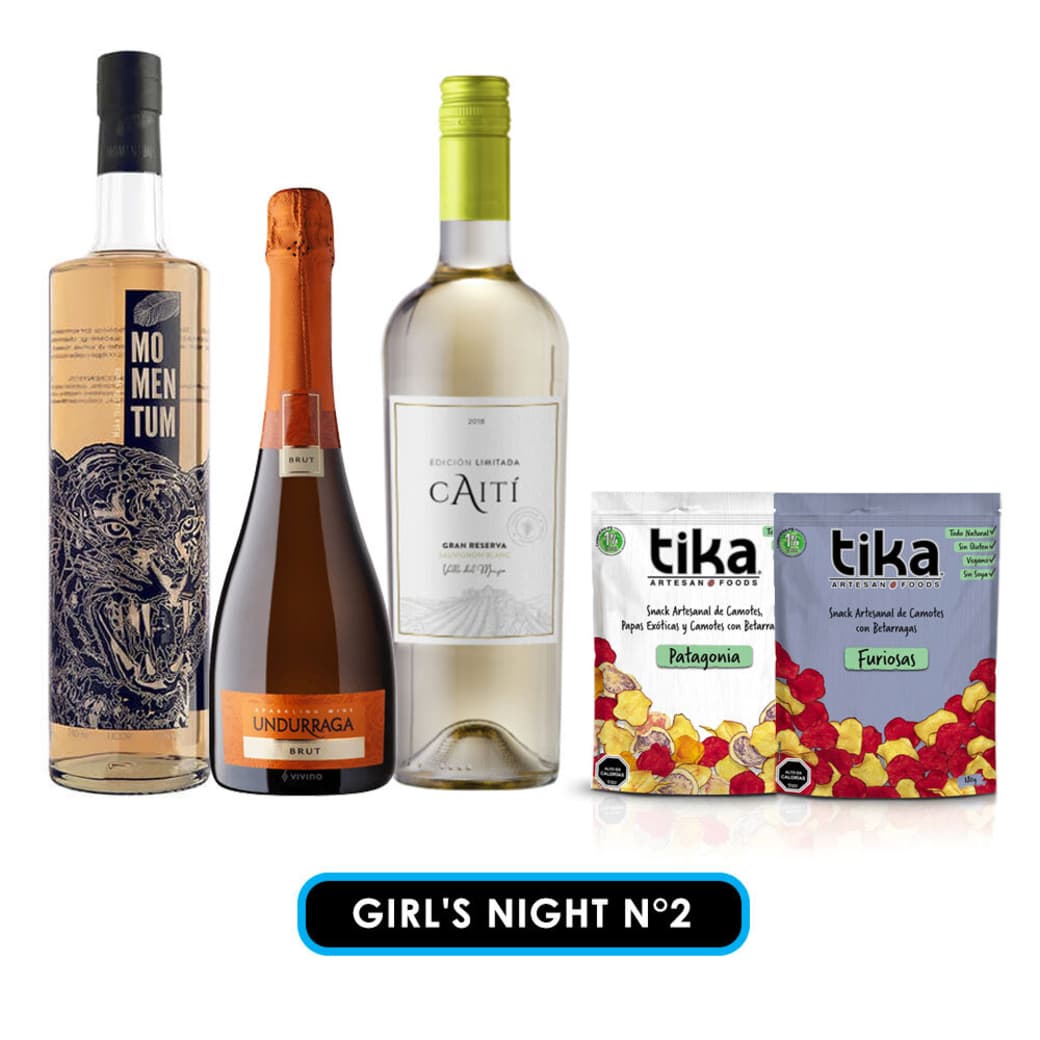 GIRL'S NIGHT N°2: Licor Momentum + Espumante Undurraga Brut + Vino Caiti Gran Reserva Sauvignon Blanc + Tika Chips Patagonia + Tika Chips Furiosas_1