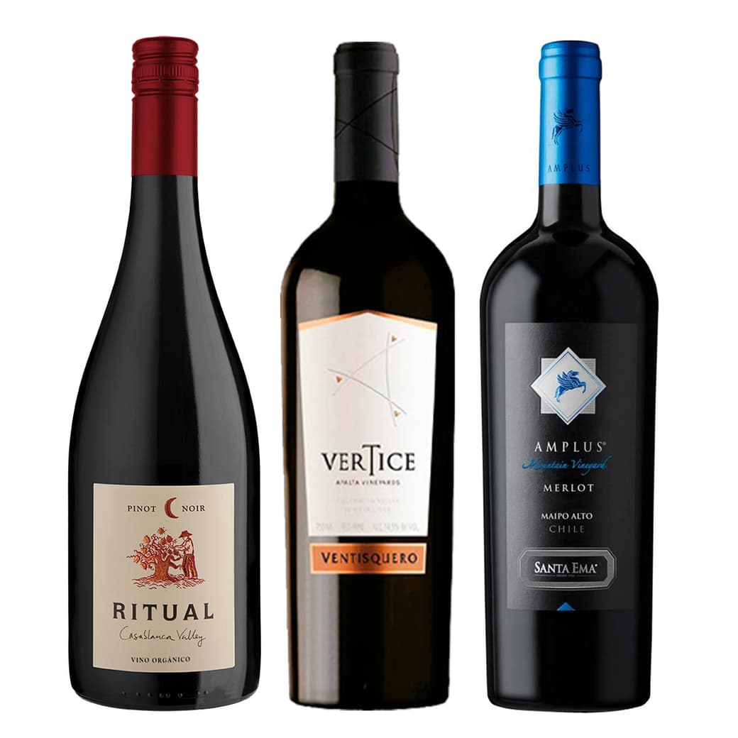 PERFECT WINE PACK: Vino Ritual Pinot Noir Orgánico 750cc + Vino Ventisquero Vértice 750cc + Vino Santa Ema Amplus Merlot 750cc_1
