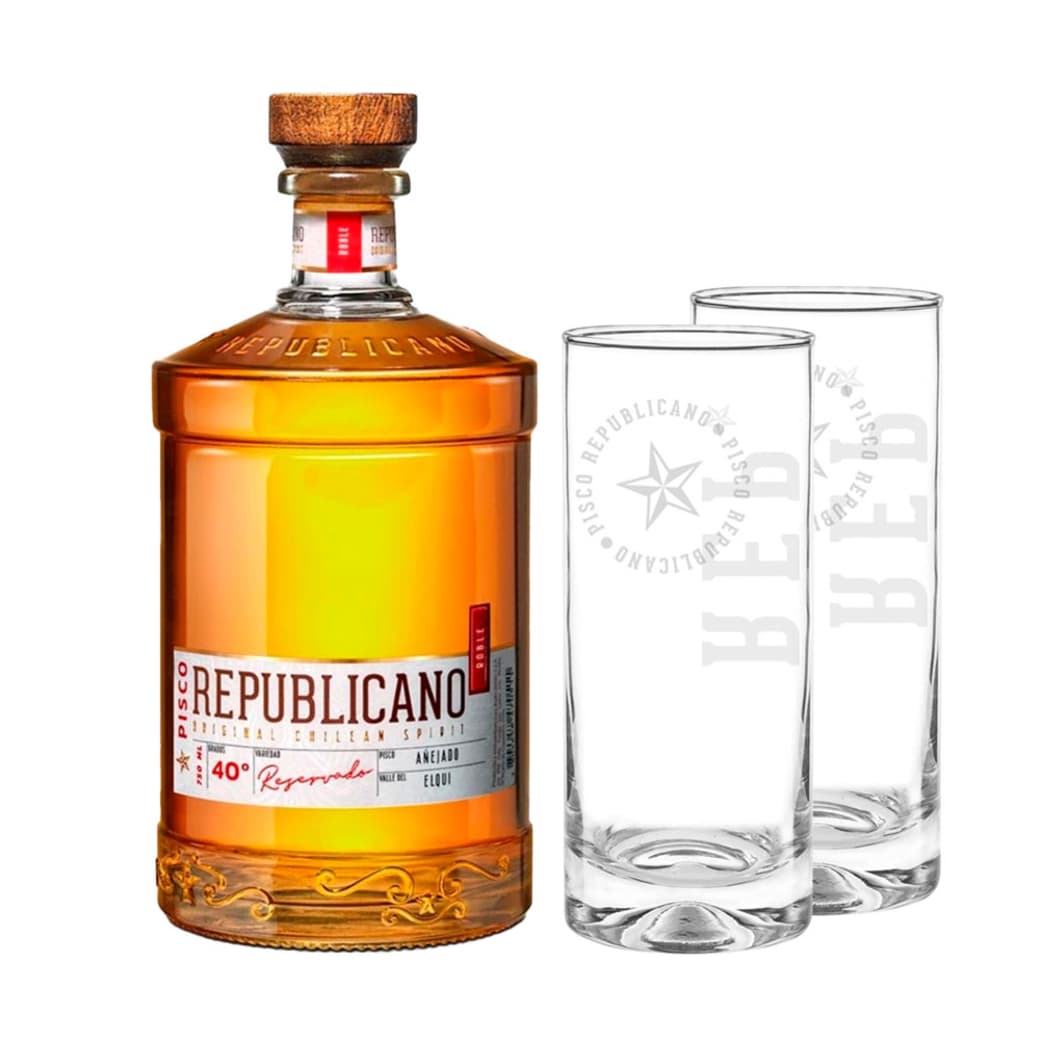 PACK PISCO REPUBLICANO + VASOS (Añejado): 1x Pisco Republicano Añejado en Roble 750cc 40º alc. + 2x Vaso Pisco Republicano_1