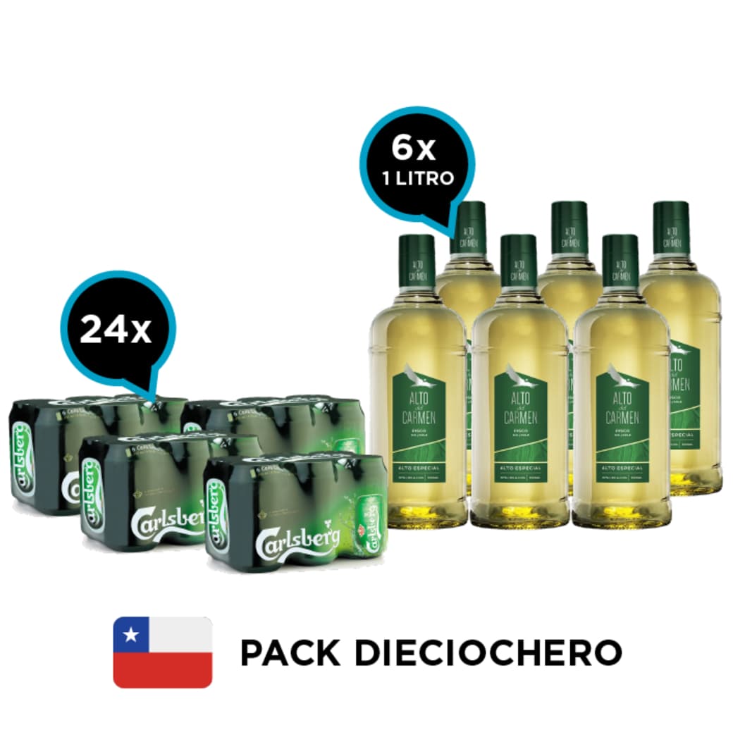 PACK DIECIOCHERO Nº1: 24x Cerveza Carlsberg en Latas 330cc + 6x Pisco Alto del Carmen 35 grados 1 Litro_1