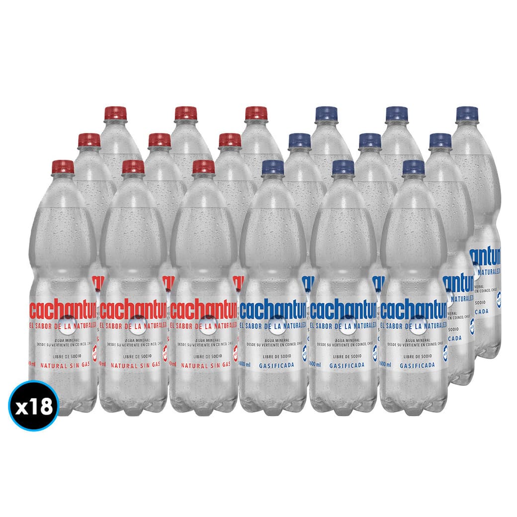 PACK CACHANTUN N°3: 9x Agua Mineral Cachantun Con Gas 1.6 Litros + 9x Agua Cachantún Sin Gas 1.6 litros_1