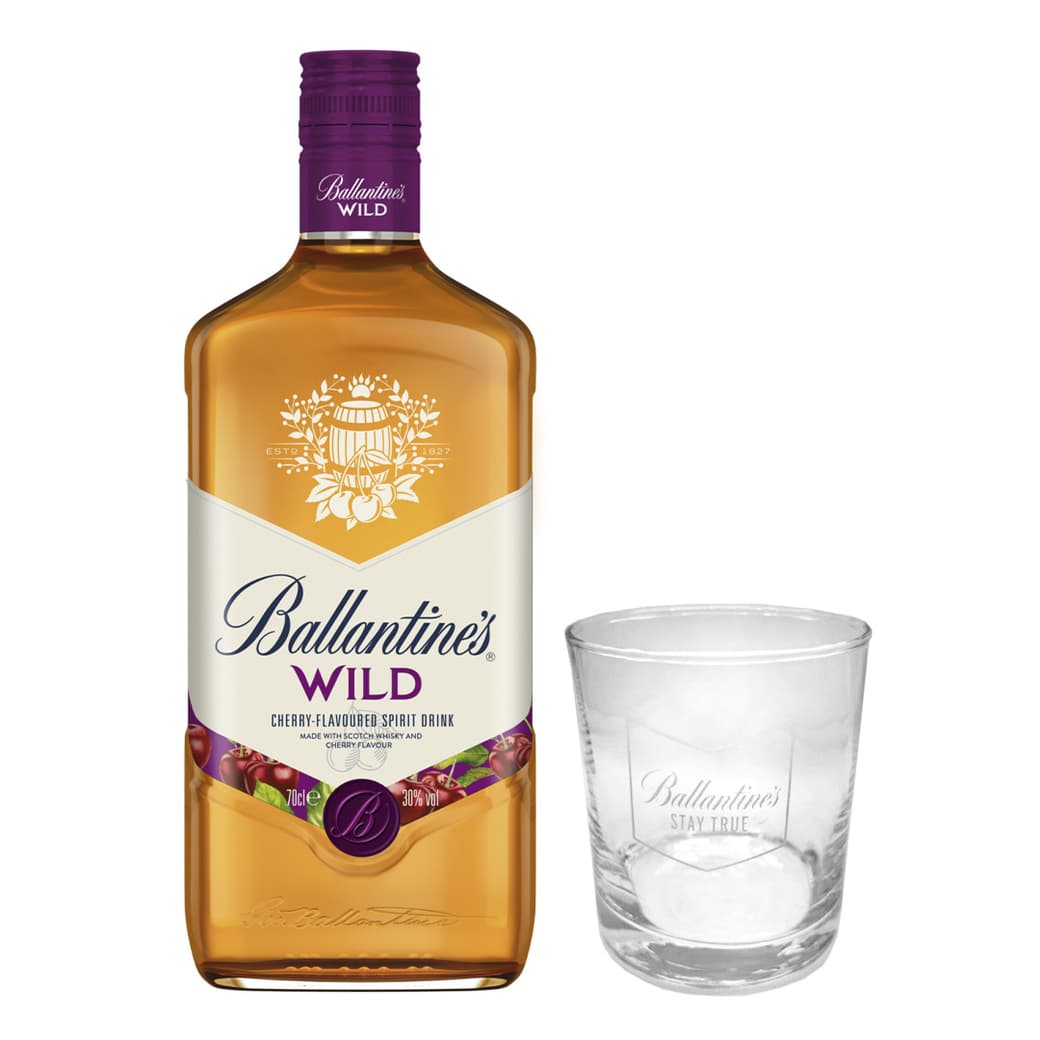 PACK BALLANTINES + VASO N°2: 1x Whisky Ballantines Wild Cherry 700cc 30°alc.+ 1x Vaso Ballantines_1