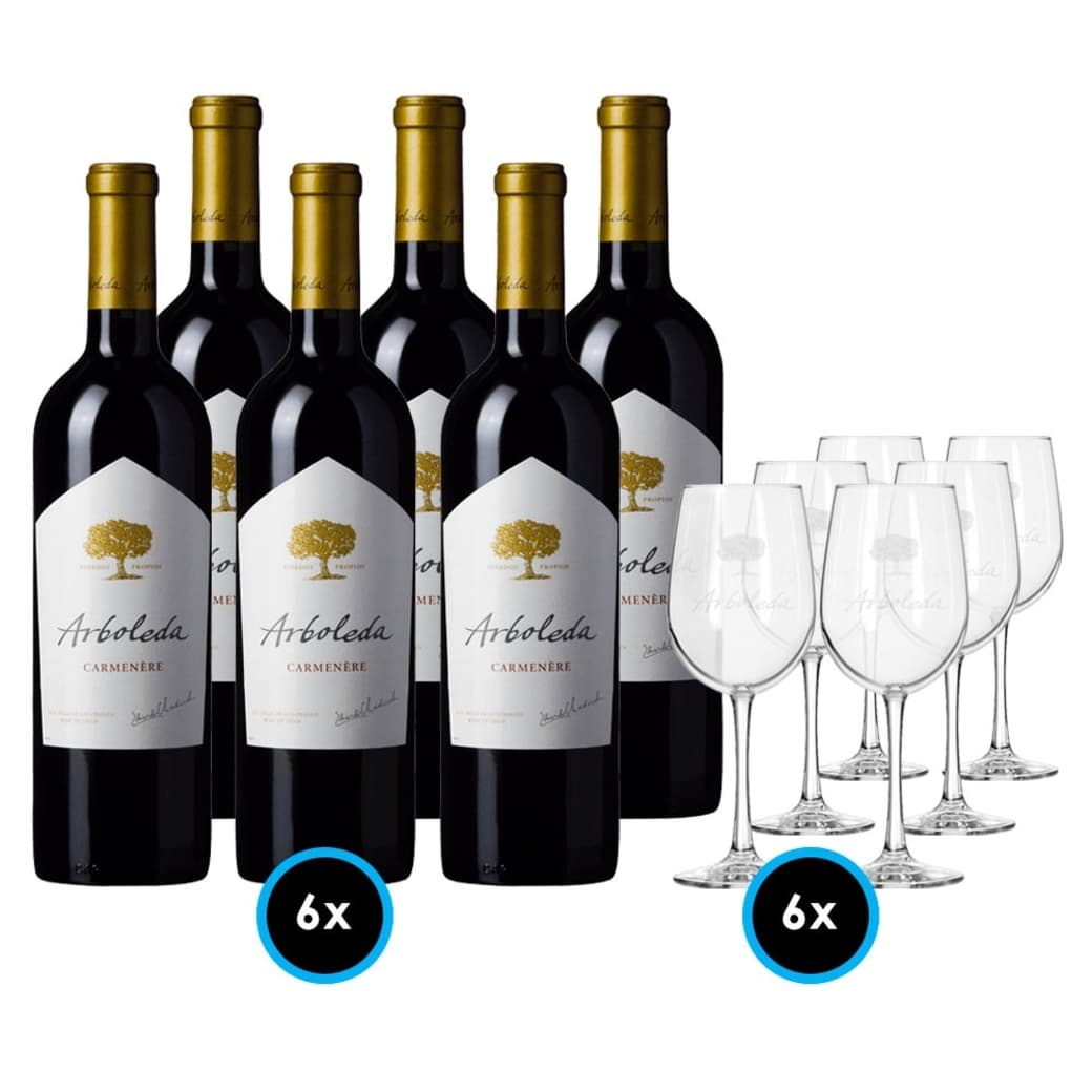 CAJA ARBOLEDA (Carmenere) + Set de Copas: 6x Vino Arboleda Carmenere 750cc 6x Copas Vino Viña Arboleda_1