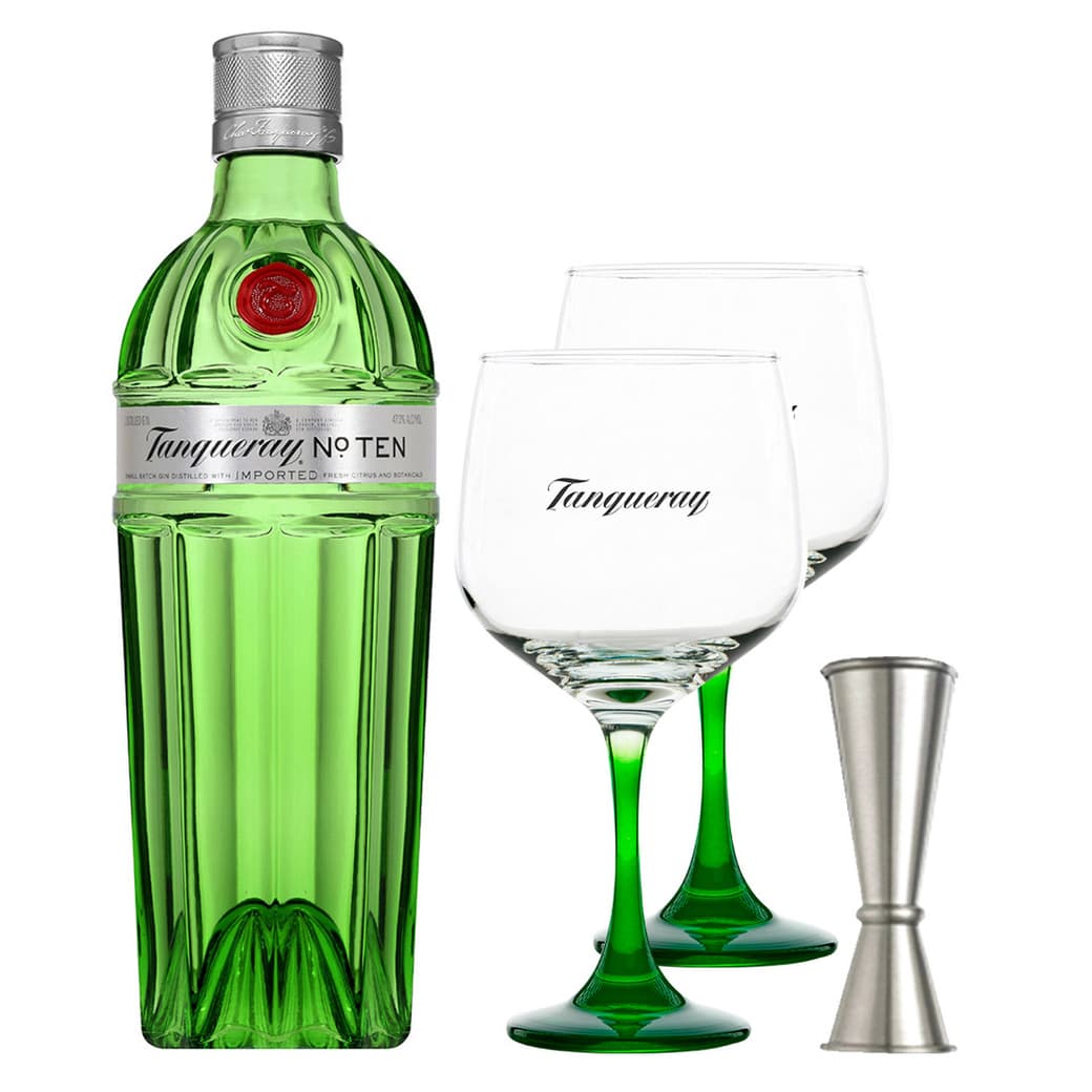 PACK TANQUERAY N10: 1x Gin Tanqueray N°10 750cc +2x Copa Vidrio Tanqueray +1x Jigger_1