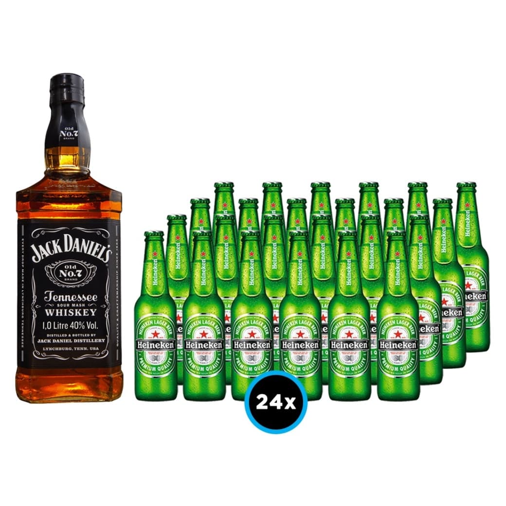 PACK JACK HEINEKEN: Whiskey Jack Daniels Old N7 750cc 40º alc. + Pack 24x Cervezas Heineken en Botellas Long Neck 330cc_1