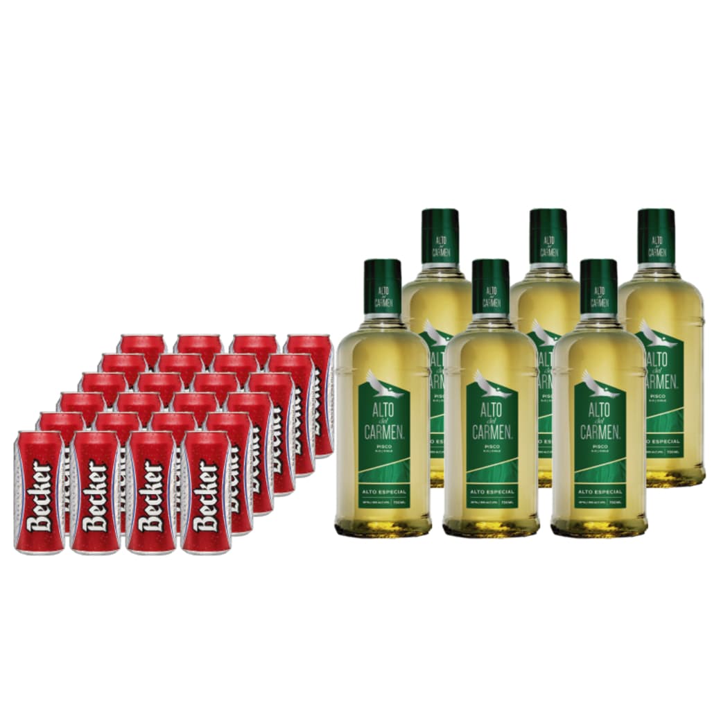 PACK BECKER 473cc ALTO: 24x Cerveza Becker en Latas 473cc + 6x Pisco Alto del Carmen 35 grados 750cc_1