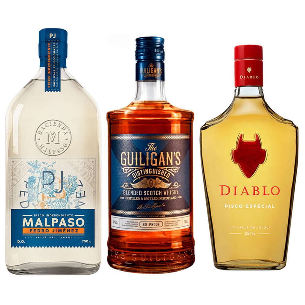 Pisco Mal Paso Pedro Jimenez 750cc 40º alc. + Whisky The Guiligans Distinguished 750cc 40º alc. + Pisco Diablo 700cc 35ºalc._1