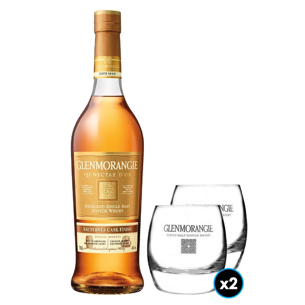 PACK GLENMORANGIE N°3: 1x Whisky Glenmorangie Single Malt Nectar D Or 750cc 46º alc. + 2x Vaso Whisky Glenmorangie_1