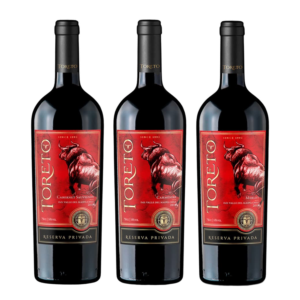 PACK TORETO PRIVADA N°1: 1x Vino Toreto Reserva Privada Carmenere 750cc + 1x Vino Toreto Reserva Privada Cabernet Sauvignon 750cc + 1x Vino Toreto Reserva Privada Merlot 750cc_1