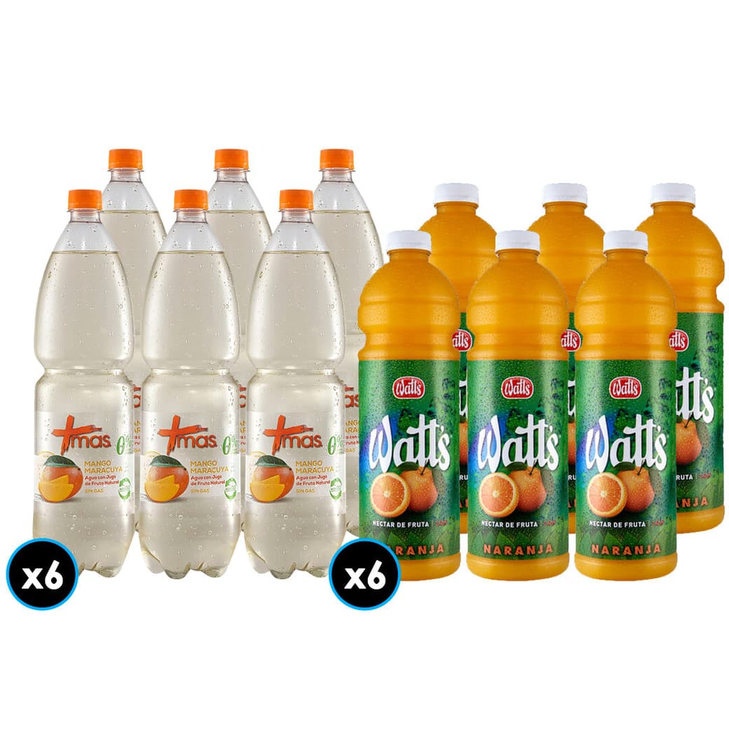 PACK MAS-WATTS N°2: 6x Agua Mas Mango Maracuyá Sin Gas 1.6 Litros + 6x Jugo Watts Naranja 1.5 Litros_1