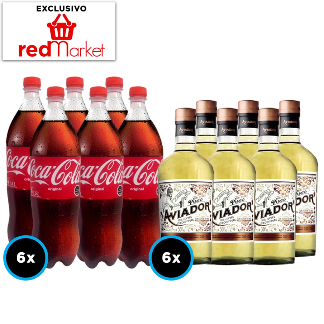[RED MARKET] PACK FIESTA AVIADOR + BEBIDA: 6x Coca Cola 1,5 Litros + 6x Pisco Aviador 36º 700cc_1