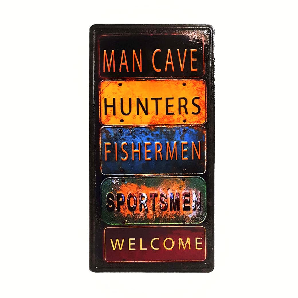 Afiche Man Cave, Hunters, Fisherman, Sportsmen, Welcome Metálico 15 x 30 cm._1