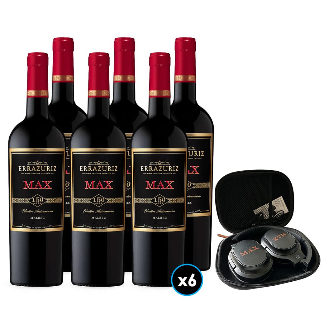 CAJA ERRAZURIZ MAX (MALBEC) + AUDÍFONO: 6x Vino Errazuriz Max Malbec 750cc + 1x Audífonos Errazuriz Max_1