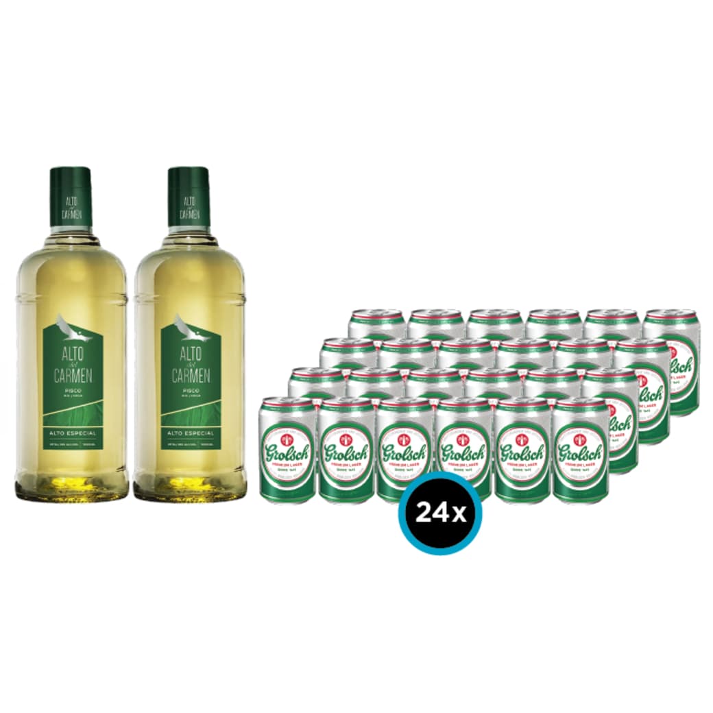 PACK ALTO GROLSCH: 2X Pisco Alto del Carmen 35 grados 1 Litro + 24x Cerveza Grolsch en Latas 330cc_1