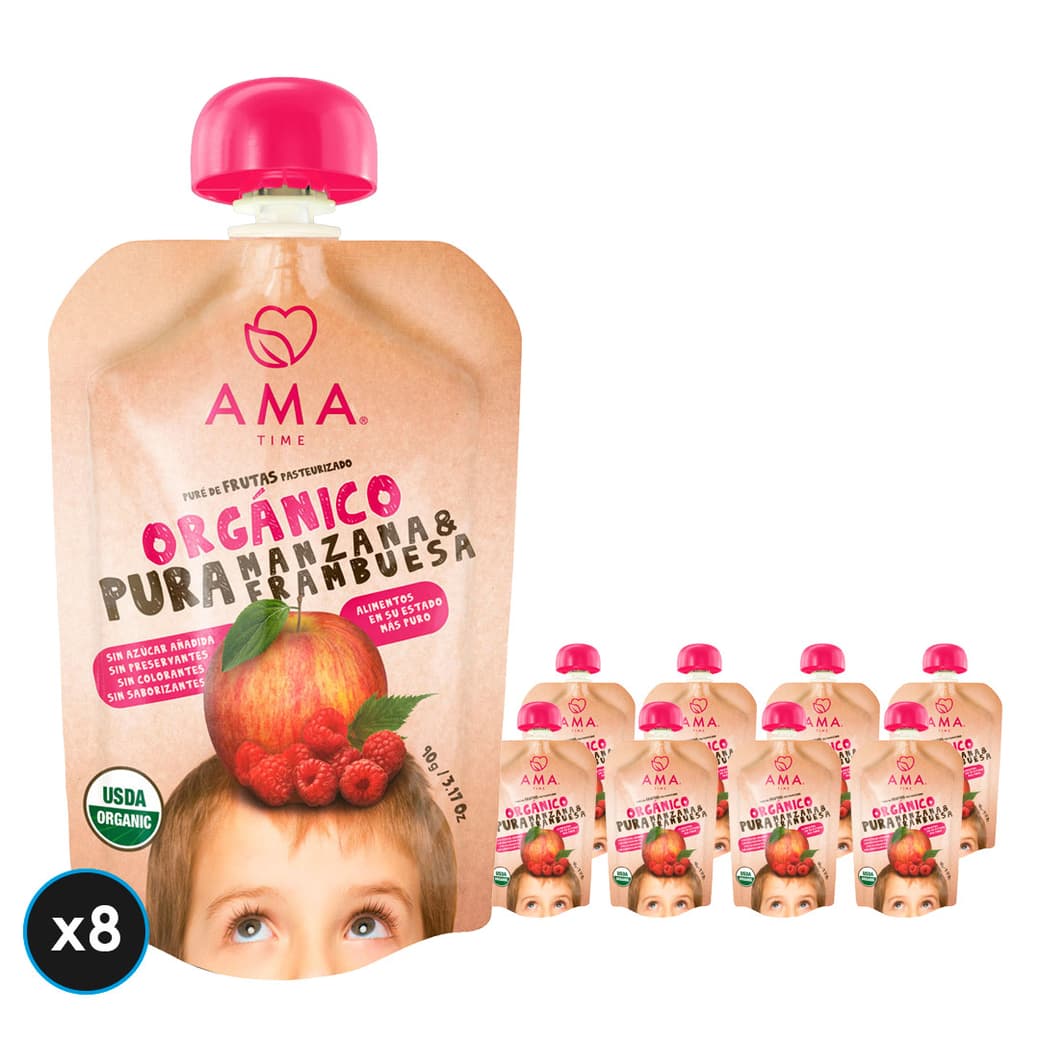 8x Puré Orgánico Ama Manzana Frambuesa 90 gramos_1