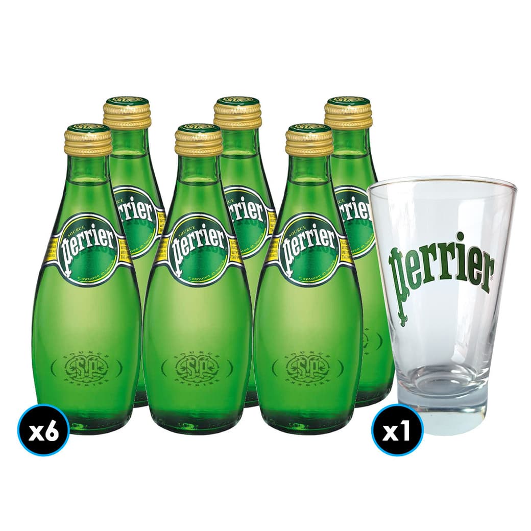 PACK PERRIER: 6x Agua Perrier Con Gas en Botella 330cc + 1x Vaso Perrier _1