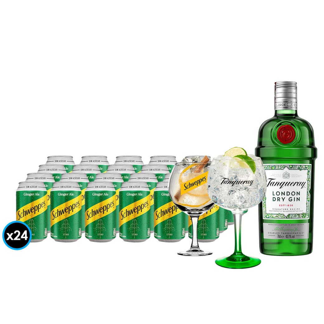 Gin Tanqueray 700cc 43.1ºalc. + 24x Bebida Schweppes Ginger Ale Sin Azúcar 350cc + Copón Schweppes + Copón Tanqueray_1