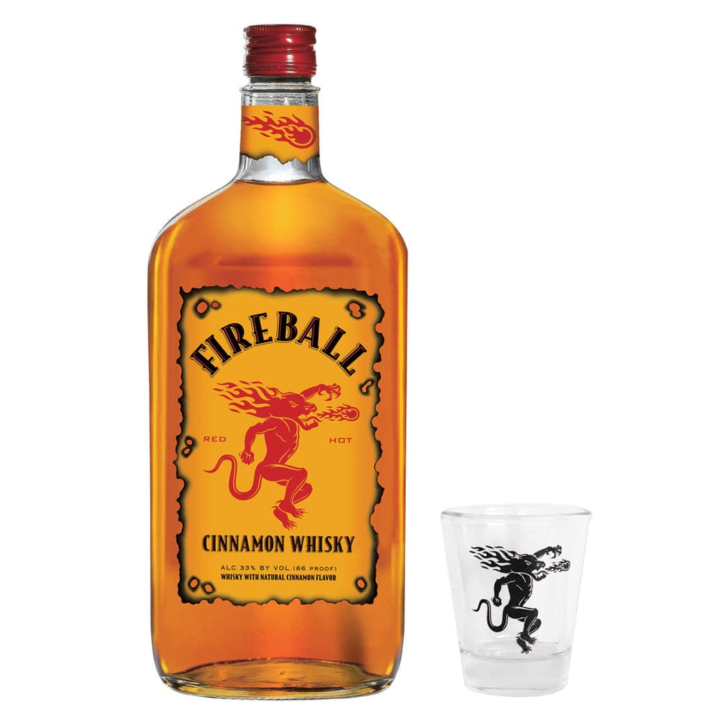 PACK FIREBALL N°2: 1x Whiskey Fireball de Canela 750cc 33º alc. + 1x Vaso Shot Fireball Negro_1