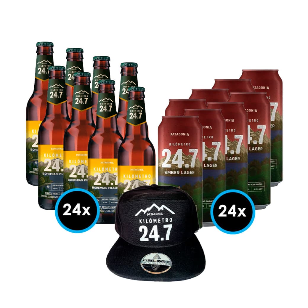 Pack Km 24.7 + Jockey Nº3 (Bohemian Pilsener - Amber Lager): 24x Cervezas Km 24.7 Bohemian Pilsener en Botella 355cc + 24x Cervezas KM 24.7 Amber Lager en Latas 473cc + Jockey cerveza km 24.7_1