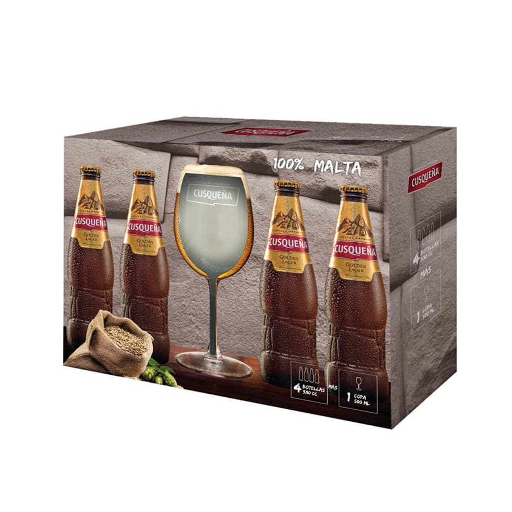 KIT CUSQUEÑA: 4x Cerveza Cusqueña Dorada en Botella 330cc + Copa 500cc_1