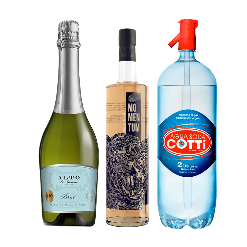 PACK SPRITZ PERFECTO (MOMENTUM - ALTO LOS ROMEROS): 1x Licor Momentum + 2x Espumante Alto Los Romeros Brut 750cc + 1x Agua Soda Cotti 2 Litros_1