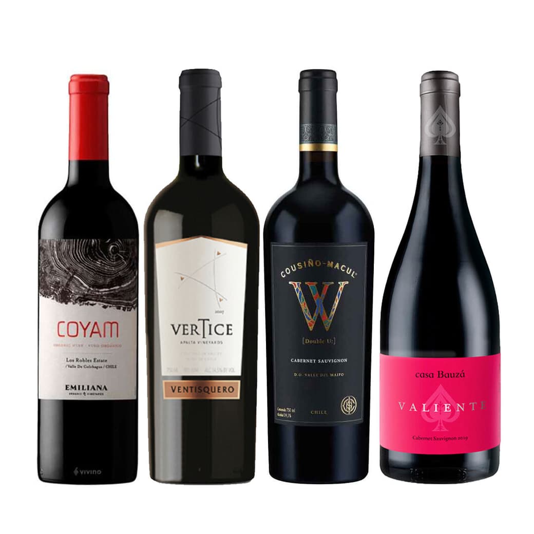 BLACK WINE PACK PREMIUM N°7: Vino Orgánico COYAM 750cc + Vino Ventisquero Vertice 750cc + Vino Cousiño Macul W Cabernet Sauvignon 750cc + Vino Bauzá Valiente Cabernet Sauvignon 750cc_1