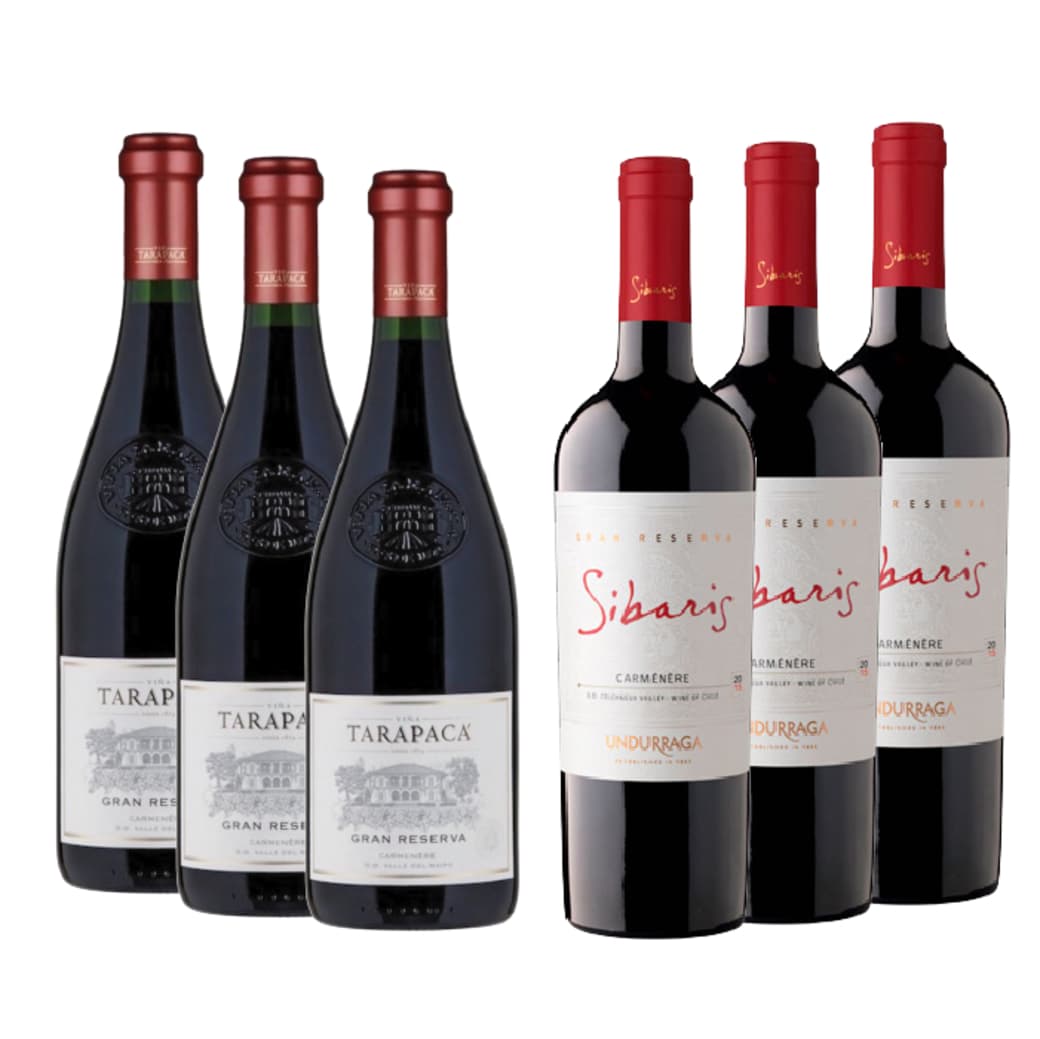 PACK TARAPACA SIBARIS (Carmenere): 3x Vino Tarapacá Gran Reserva Carmenere 750cc + 3x Vino Undurraga Sibaris Carmenere 750cc_1