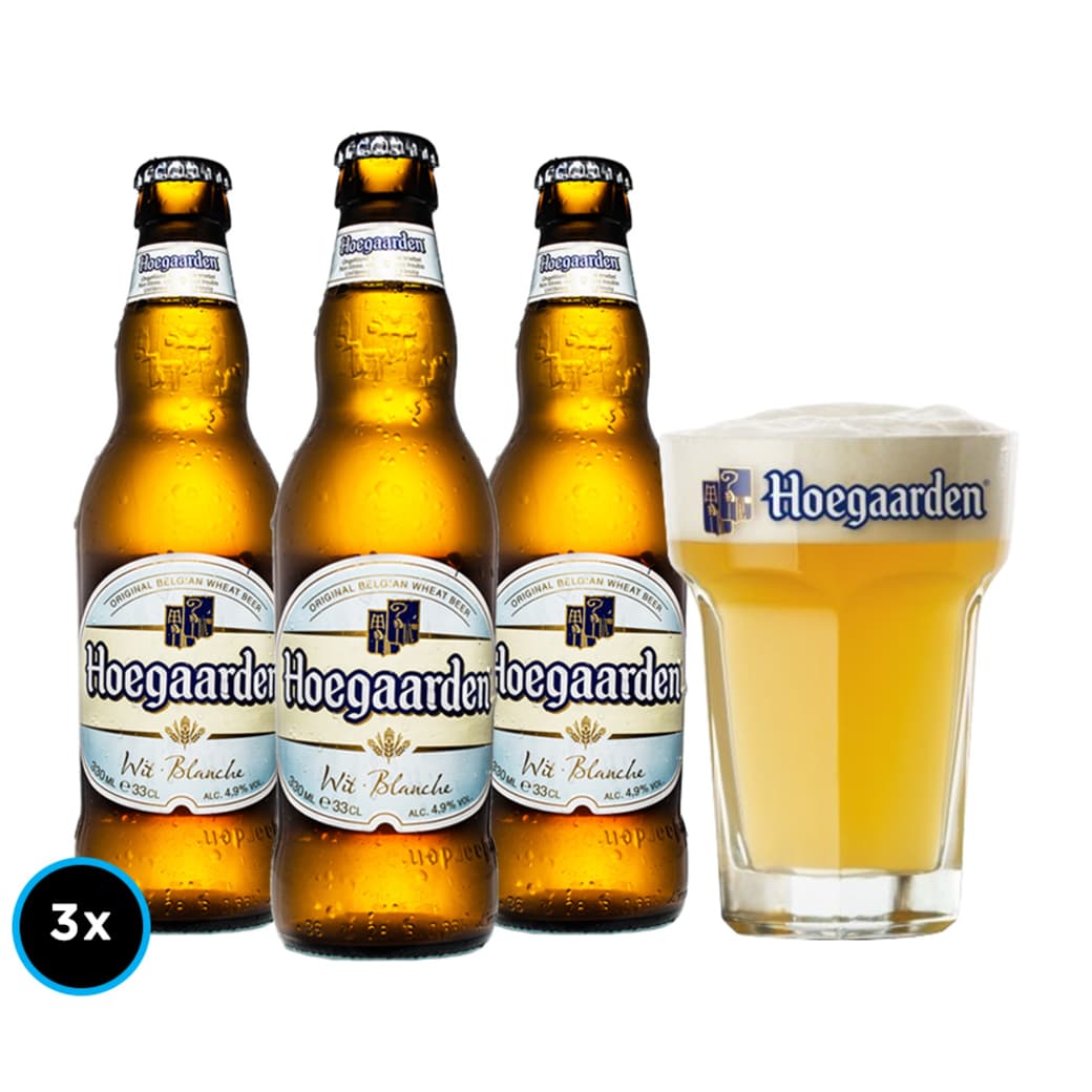 KIT HOEGAARDEN: 3x Cerveza Hoegaarden White en Botella 330cc + 1 Vaso Hoegaarden_1