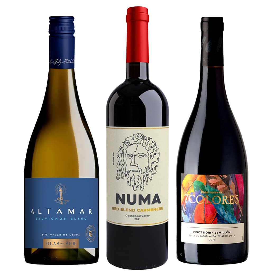 CLUB DE VINOS Nº34: 1x Vino Premium Olas del Sur Altamar Leyda Sauvignon Blanc 750cc + 1x Vino Numa Gran Reserva Red Blend Carmenere 750cc + 1x Vino 7 Colores Gran Reserva Pinot Noir 750cc_1