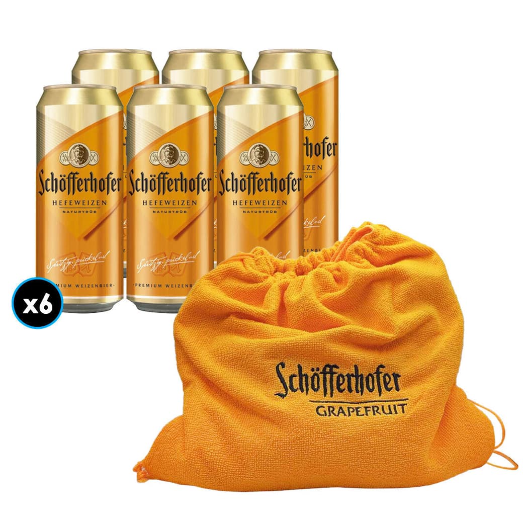 PACK SCHOFFER N°1: 6x Cerveza Schofferhofer Lata Hefe 5ºvol 500cc + 1x Toalla Schofferhofer_1