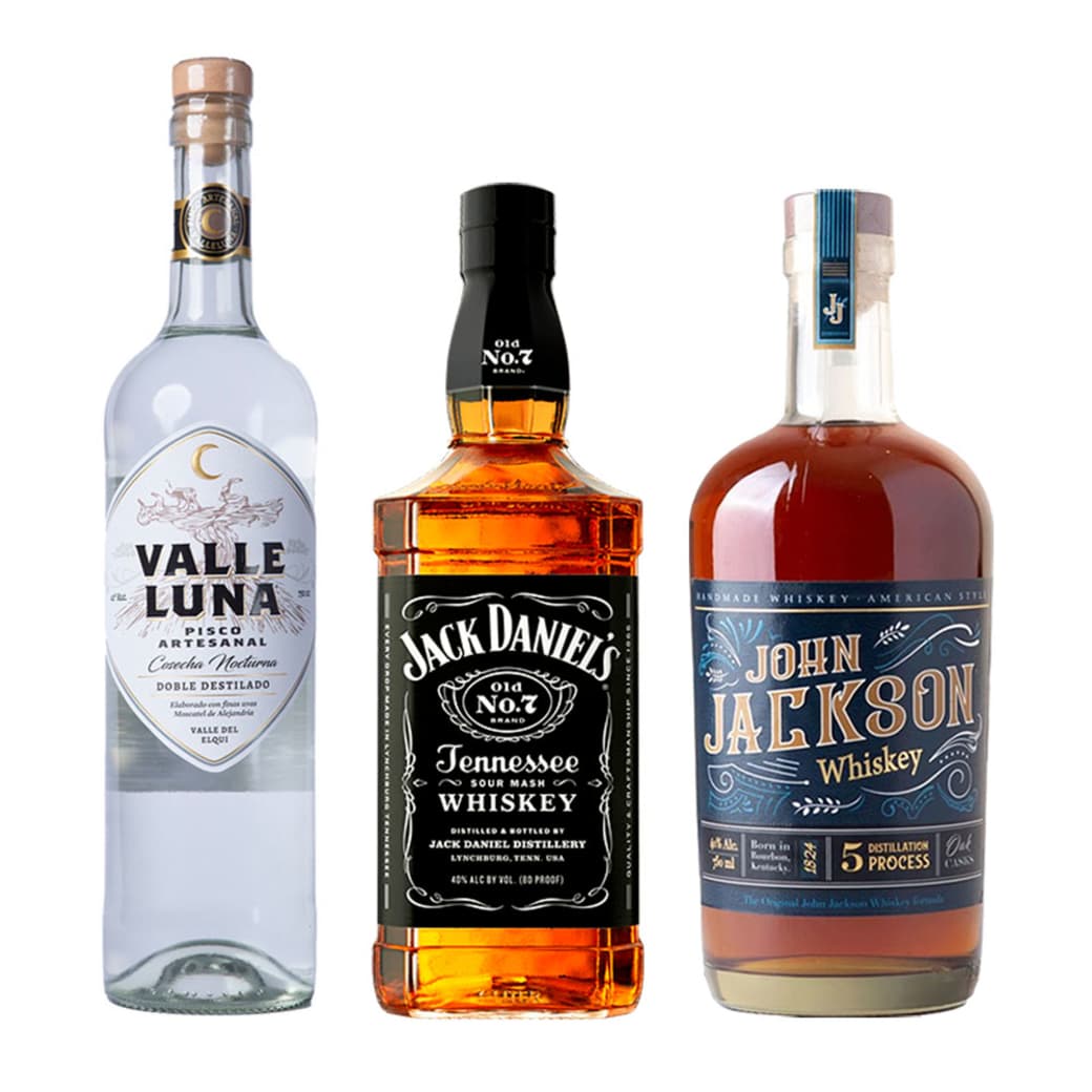 PACK ARMA TU BAR: 1x Pisco Valleluna Doble Destilado 750cc 40º alc. + 1x Whiskey John Jackson 750cc 40º alc. + 1x Whiskey Jack Daniels Old N7 750cc 40º alc._1