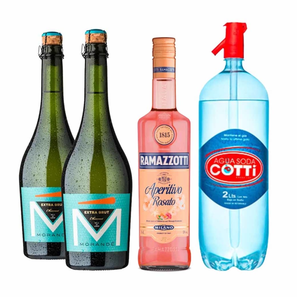 PACK SPRITZ PERFECTO (RAMAZZOTTI - MORANDE): 1x Licor Aperitivo Ramazzotti Rosatto 700cc + 2x Espumante Morande Extra Brut Charmat 750cc + 1x Agua Soda Cotti 2 Litros_1