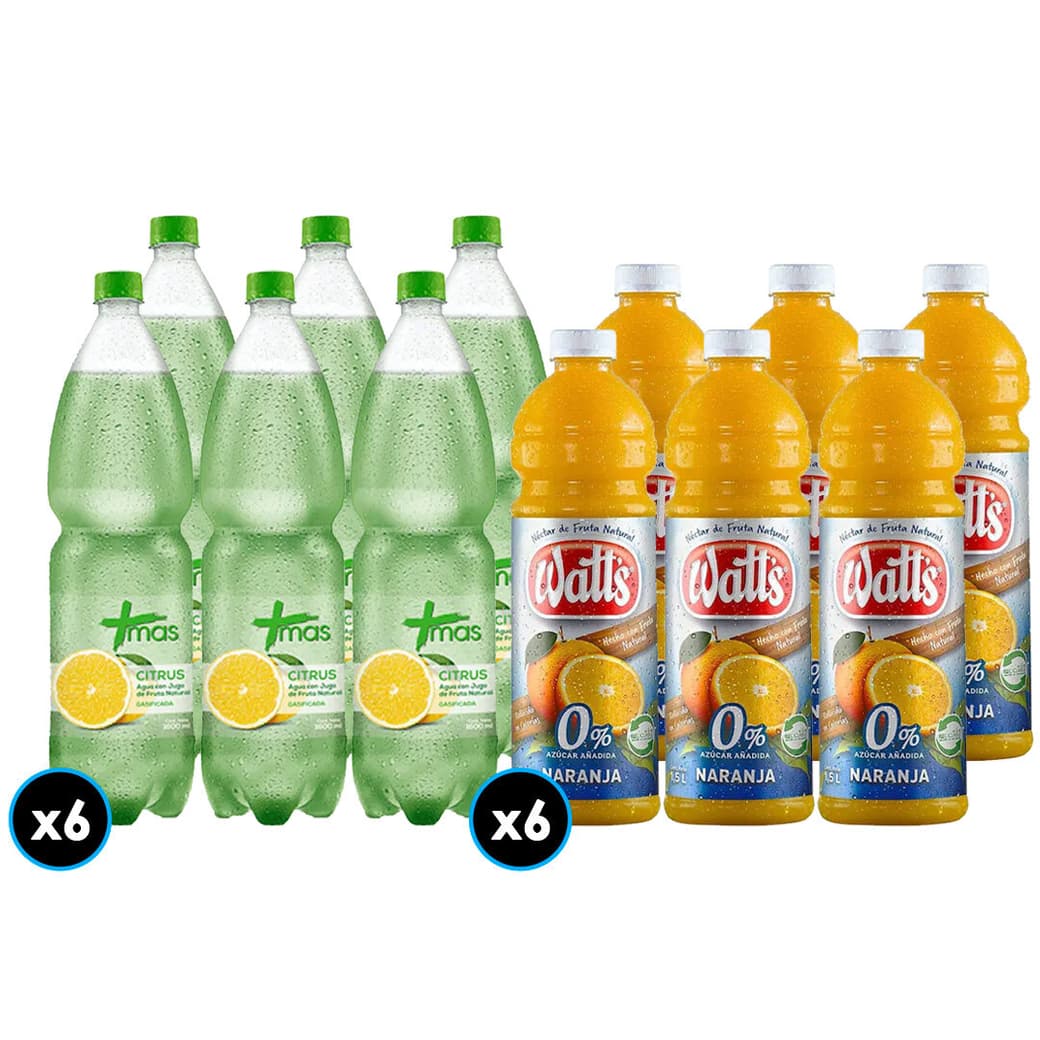 PACK MAS-WATTS N°1: 6x Agua Mas Citrus Con Gas 1.6 Litros + 6x Jugo Watts Naranja Light 1.5 Litros_1