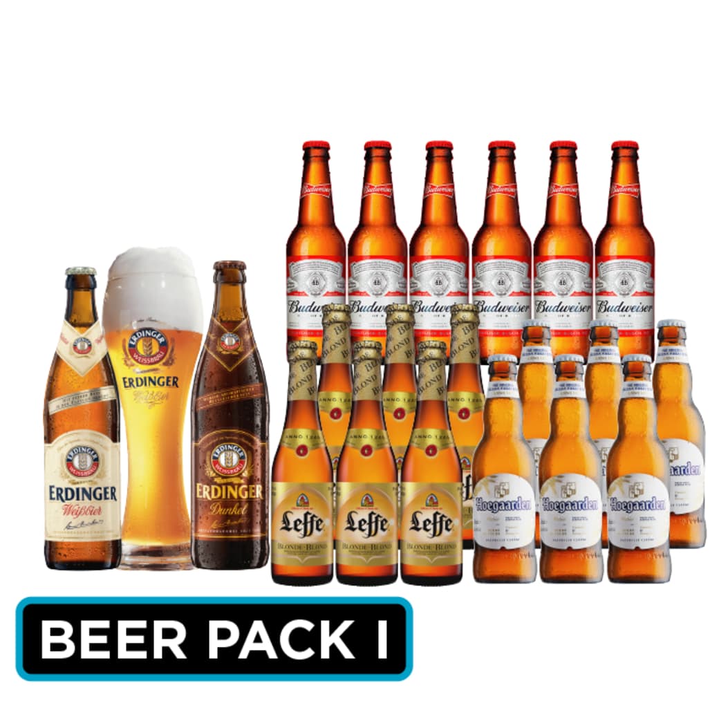 BEER PACK: Pack Erdinger: 2x Cervezas Erdinger en Botellas 500cc + Vaso Erdinger + 6x Cerveza Budweiser en Botellas 355cc + 6x Cerveza Leffe Blond Botella 330cc + 6x Cerveza Hoegaarden en Botellas 330cc_1