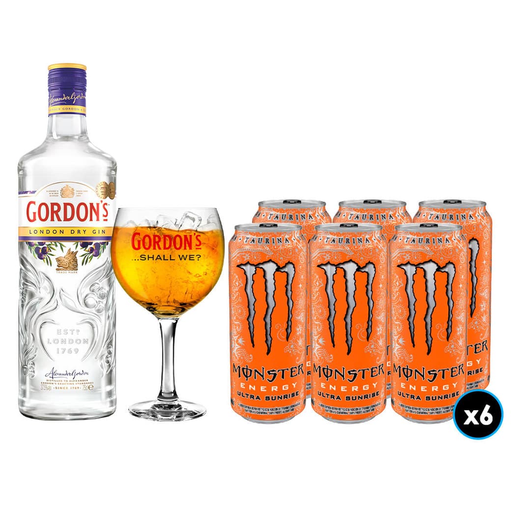 PACK GORDONS MONSTER N°4: 1x Gin Gordons London Dry 750cc 37,5º alc. + 6x Energética Ultra Sunrise Monster Energy 473cc + 1x Copón Gin Gordons_1