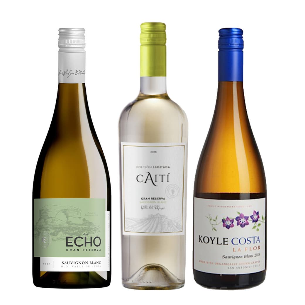 TRIO PERFECTO SAUVIGNON BLANC Nº1: 1x Vino Echo Gran Reserva Sauvignon Blanc 750cc + 1x Vino Caiti Gran Reserva Sauvignon Blanc 750cc + 1x Vino Koyle Costa La Flor Gran Reserva Sauvignon Blanc 750cc_1