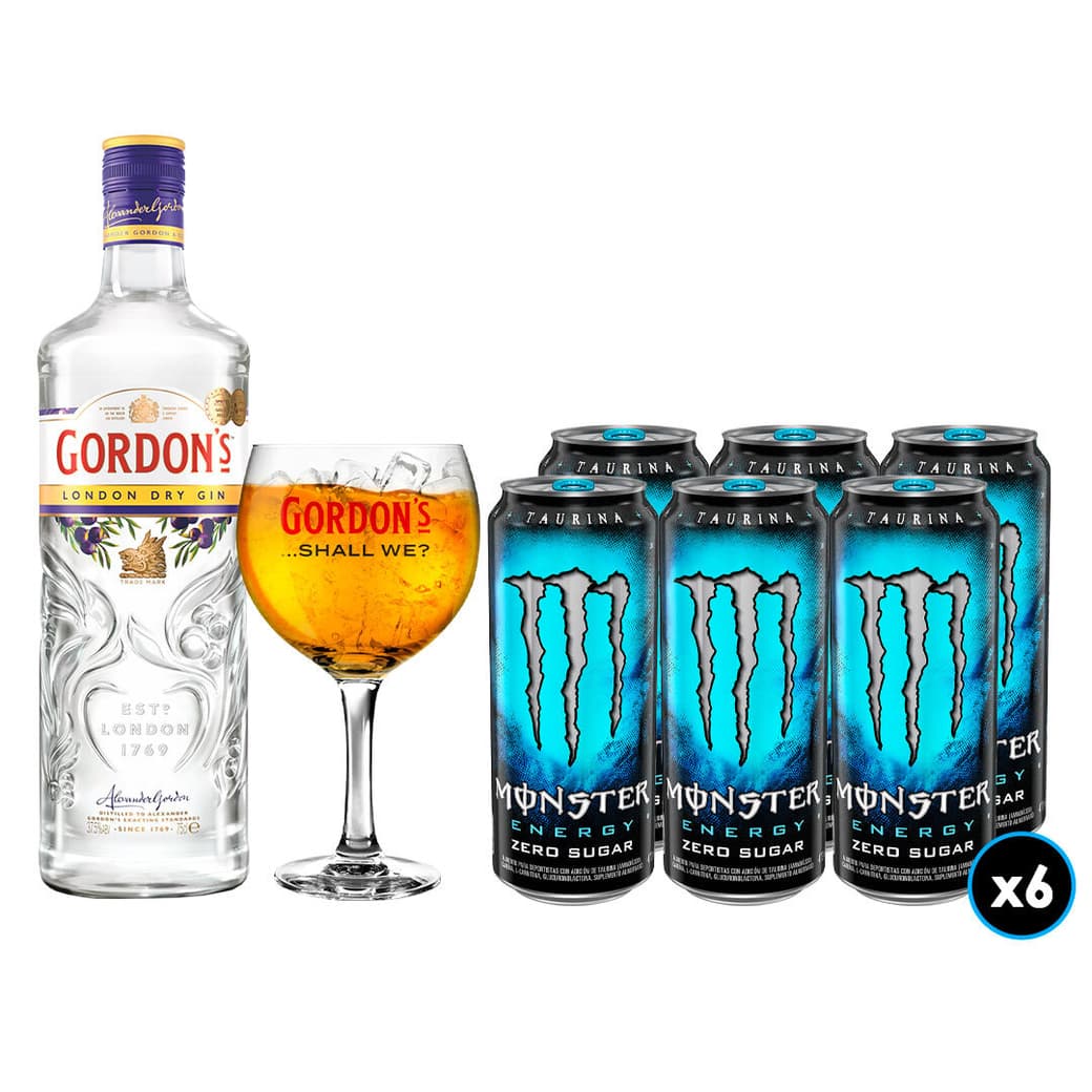 PACK GORDONS MONSTER N°3: 1x Gin Gordons London Dry 750cc 37,5º alc. + 6x Energética Absolutely Zero Monster Energy 473cc + 1x Copón Gin Gordons_1