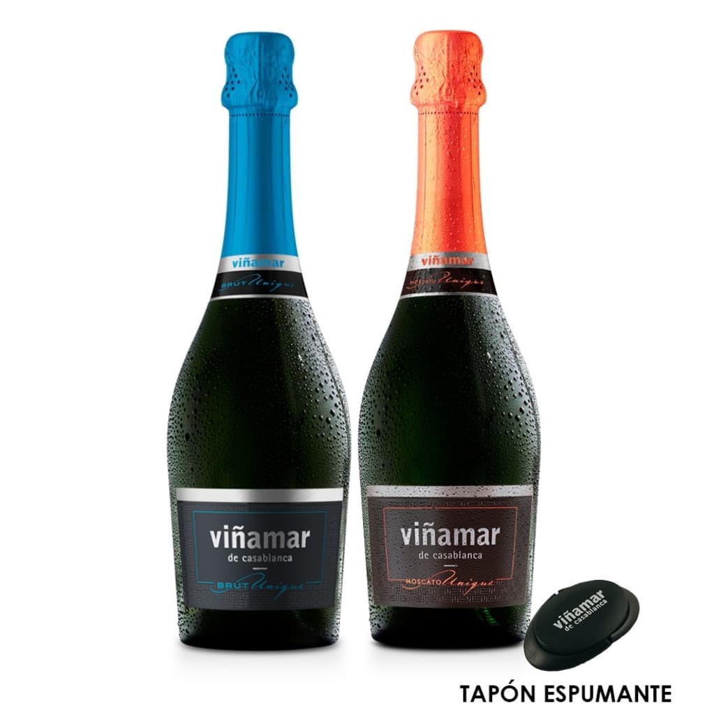 1x Espumante Viñamar Unique Moscato 750cc + 1x Espumante Viñamar Unique Brut 750cc + 1x Tapón Espumante Viñamar_1