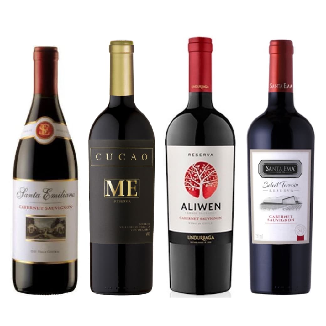 PACK LOS 4 FANTÁSTICOS: Vino Santa Emiliana Cabernet Sauvignon 750cc + Vino Cucao Reserva Merlot 750cc + Vino Undurraga Aliwen Cabernet Sauvignon 750cc + Vino Santa Ema Select Terroir Reserva Cabernet Sauvignon 750cc_1