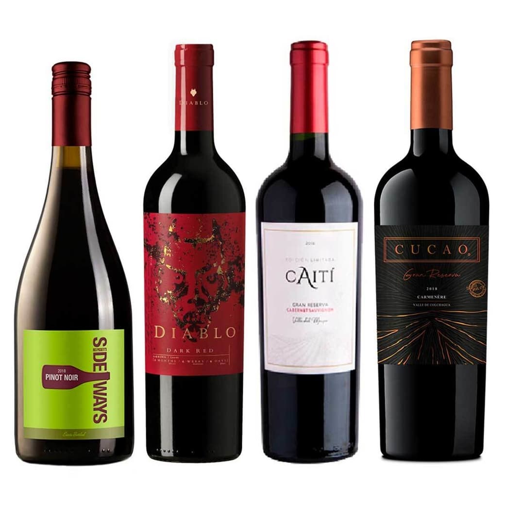 PACK CUARTETO MIX: Vino Sideways Pinot Noir 750cc + Vino Diablo Dark Red 750cc + Vino Caiti Gran Reserva Cabernet Sauvignon 750cc + Vino Cucao Gran Reserva Carmenere 750cc_1