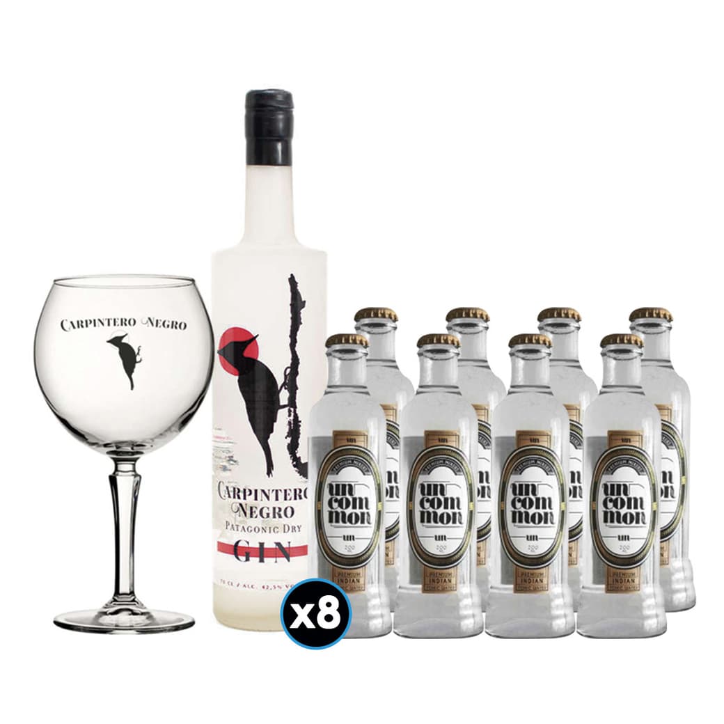 PACK CARPINTERO + UNCOMMON: Gin Carpintero Negro 750cc + 8x Indian Tonic Water Uncommon + Copa Carpintero_1