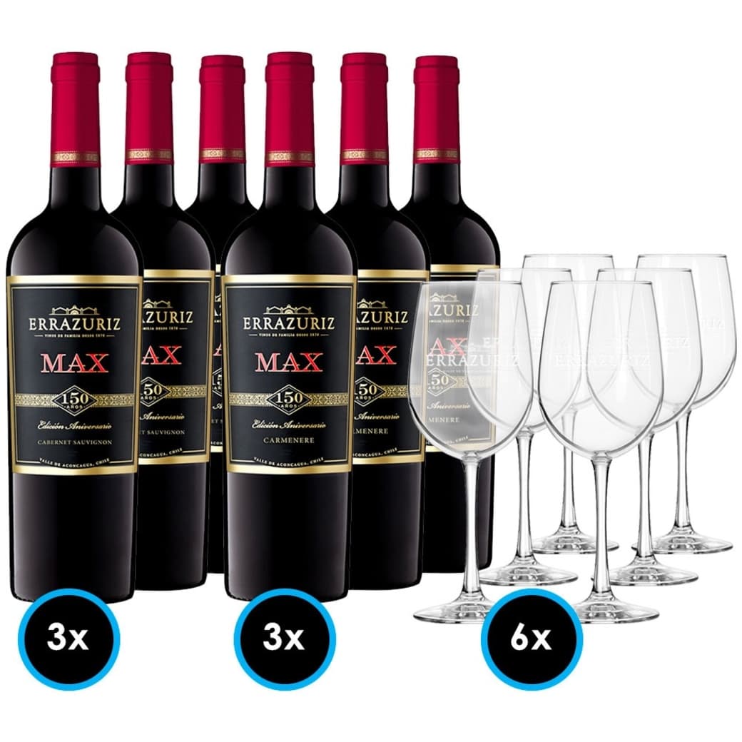 PACK ERRAZURIZ MAX PERFECTO Nº2: 3x Vino Errazuriz Max Carmenere 750cc + 3x Vino Errazuriz Max Cabernet Sauvignon 750cc + 6x Copa Vino Viña Errazuriz_1