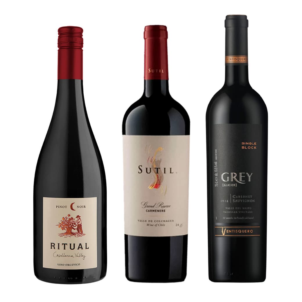 GRAN TRIO Nº2: Vino Ritual Pinot Noir Orgánico 750cc + Vino Sutil Gran Reserva Carmenere 750cc + Vino Ventisquero Grey Cabernet Sauvignon 750cc_1