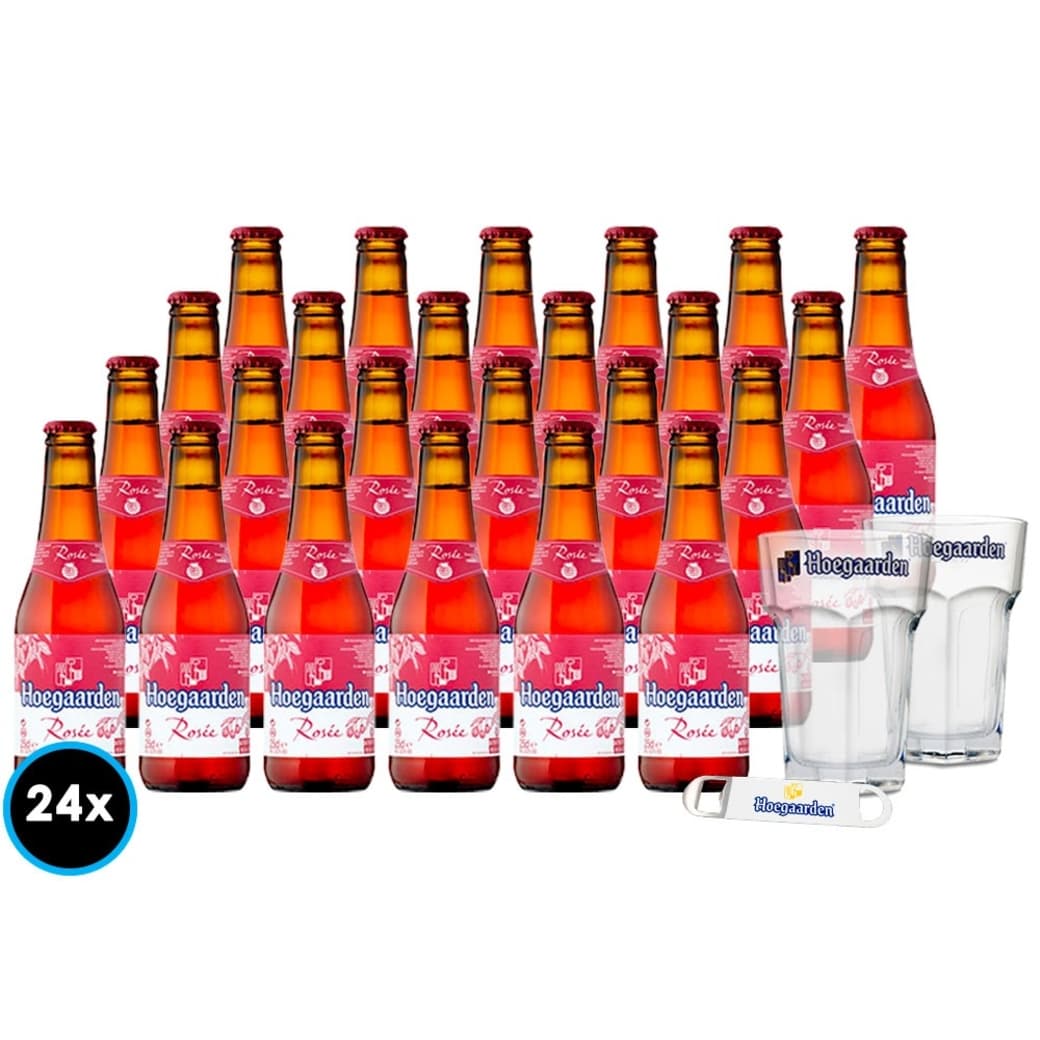PACK HOEGAARDEN ROSE FANS: 24x Cervezas Hoegaarden Rosé en Botellas 250cc 1x Abridor Hoegaarden + 2x Vaso Vidrio Hoegaarden_1