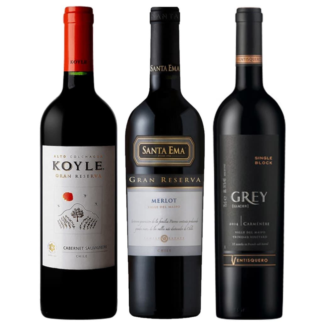 CYBER WINE PACK Nº3: 1x Vino Koyle Gran Reserva Cabernet Sauvignon 750cc + 1x Vino Santa Ema Gran Reserva Merlot 750cc + 1x Vino Ventisquero Grey Carmenere 750cc_1