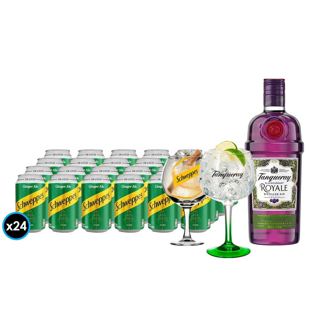 Gin Tanqueray Royale 700cc + 24x Bebida Schweppes Ginger Ale Sin Azúcar 350cc  + Copón Schweppes + Copón Tanqueray_1